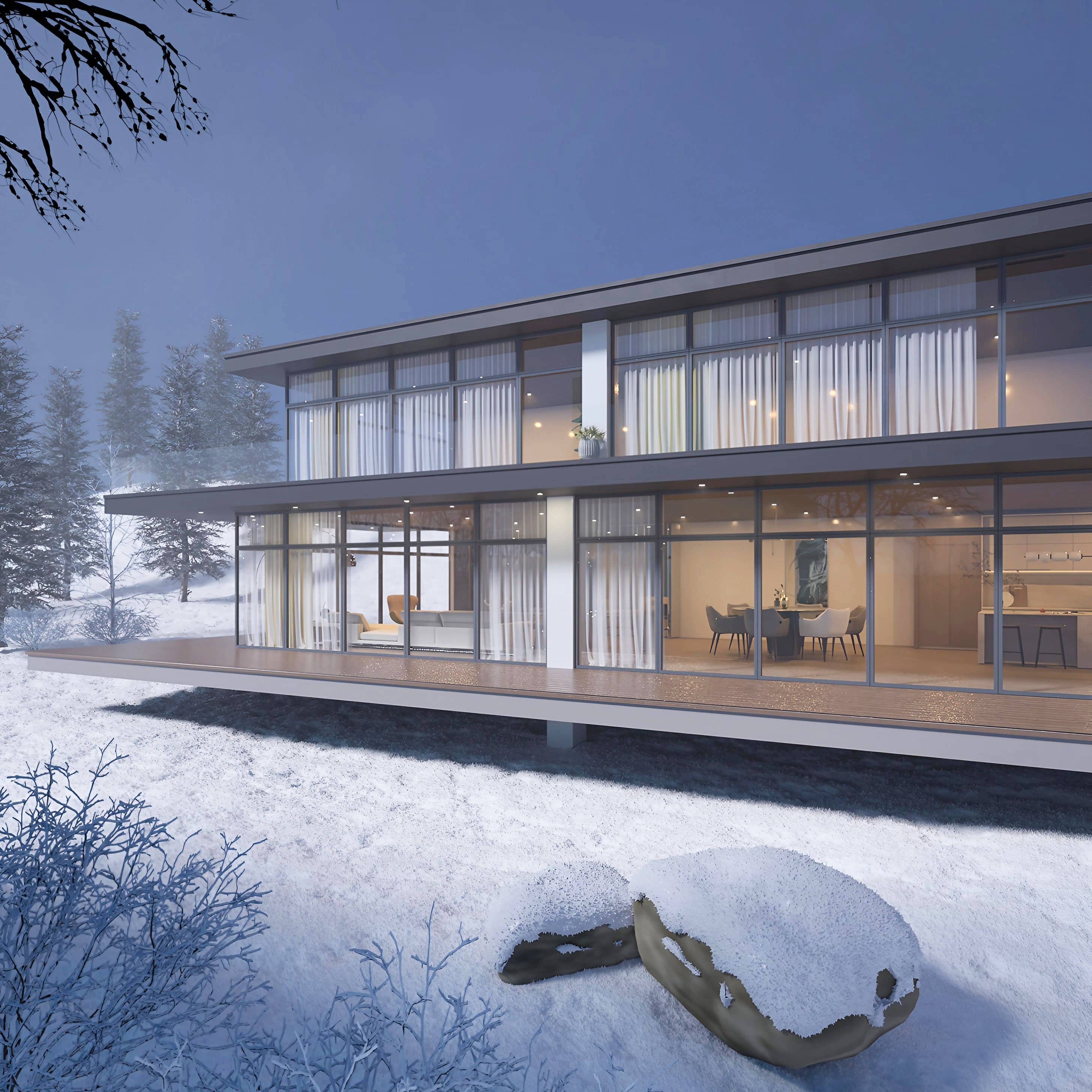 Glass House in Winter Landscape